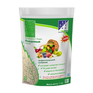 Нутривант Плюс Плодовые NPK 12-5-27 1 кг, азотосодержащее фосфорно-калийное удобрение с микроэлементами и фертивантом(биоприлипателем) для листовой подкормки плодовых культур
